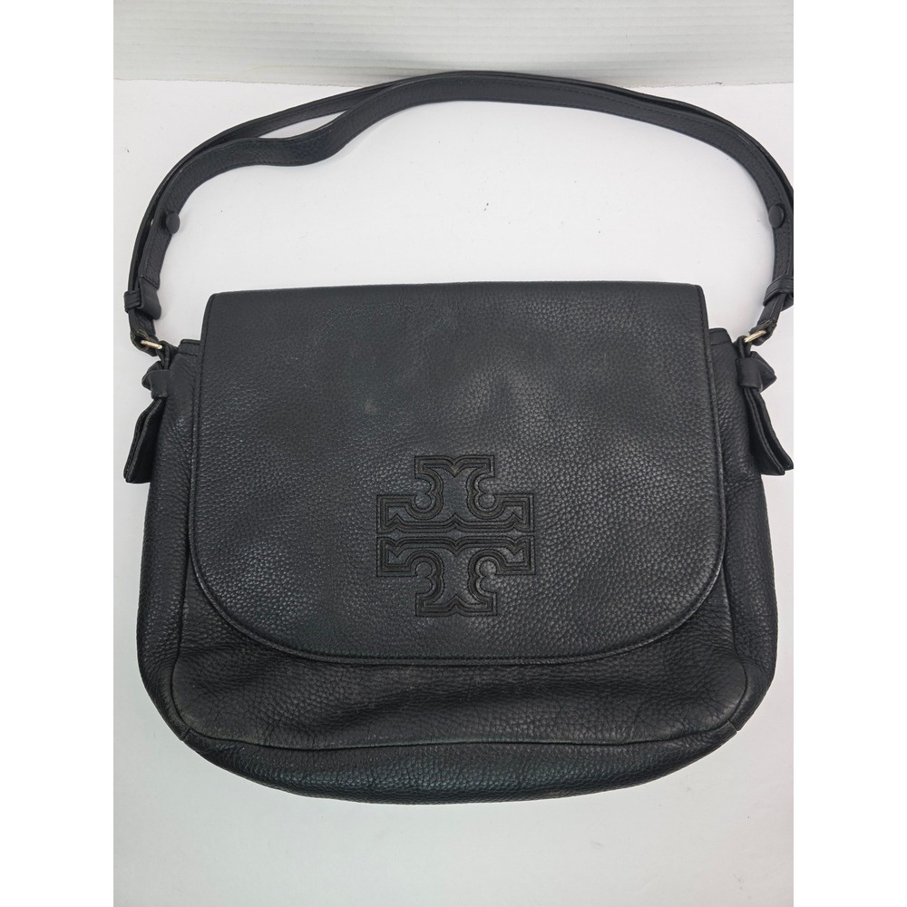 Tory Burch Amanda Black Pebbled Leather Crossbody Messenger Bag Logo Flap
